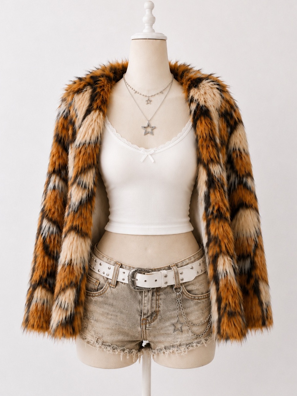 Faux Fur Leopard Print Coat in Tan & Black